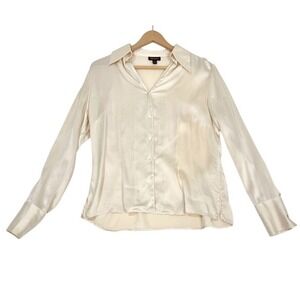 Tesori Silk Button Down Long Sleeve Shirt Cream Quiet Luxury Champagne Size S
